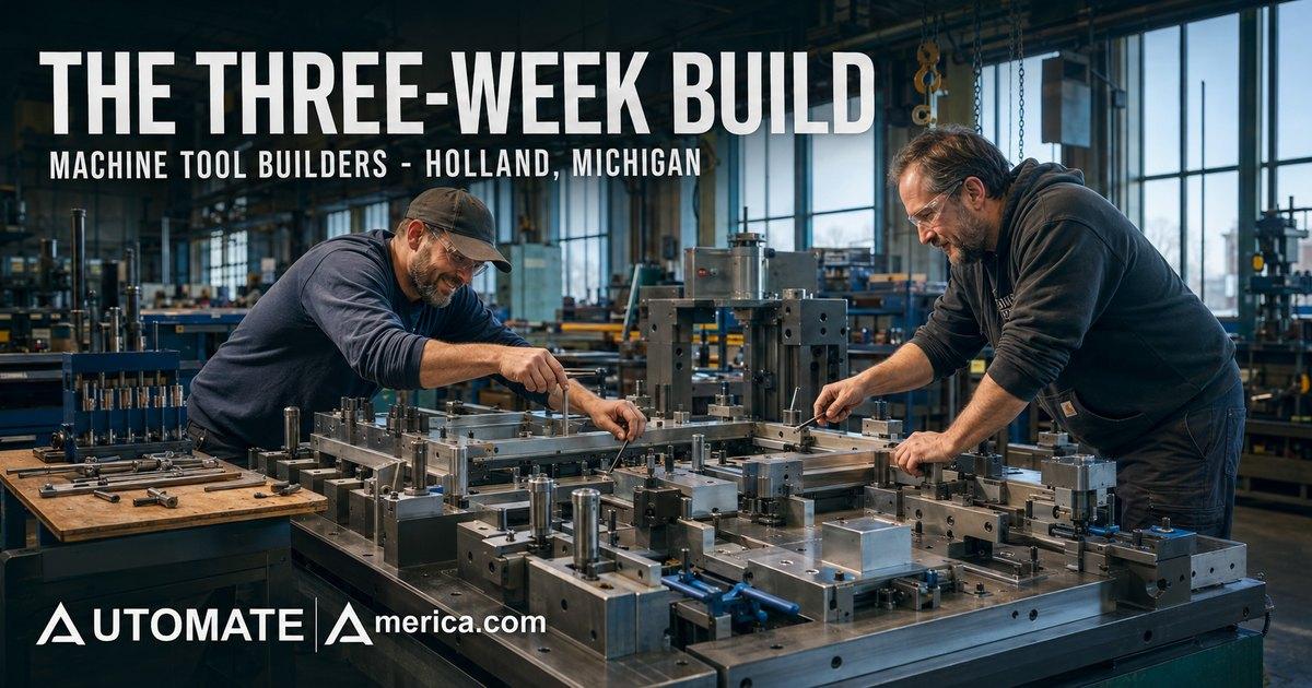 Two machine tool builders working on a partly-built fixture in a West Michigan machine shop