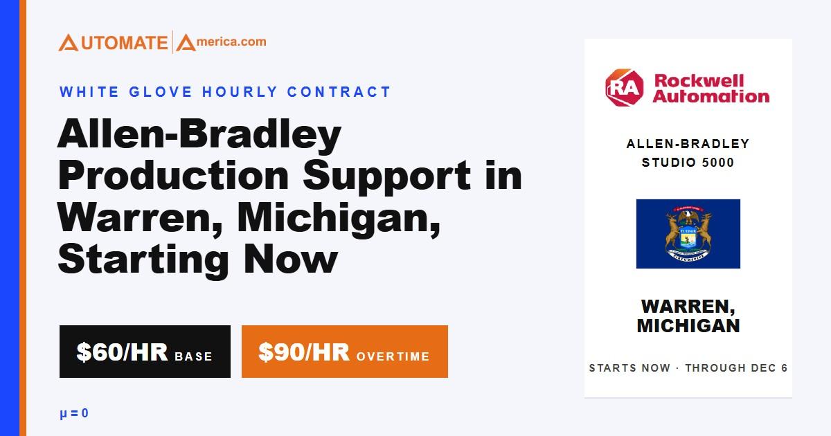 The headline Allen-Bradley Production Support in Warren, Michigan, Starting Now in black on a pale field, with BASE and OVERTIME pills, beside a white card carrying the Rockwell Automation logo, Allen-Bradley and Studio 5000, the Michigan fl