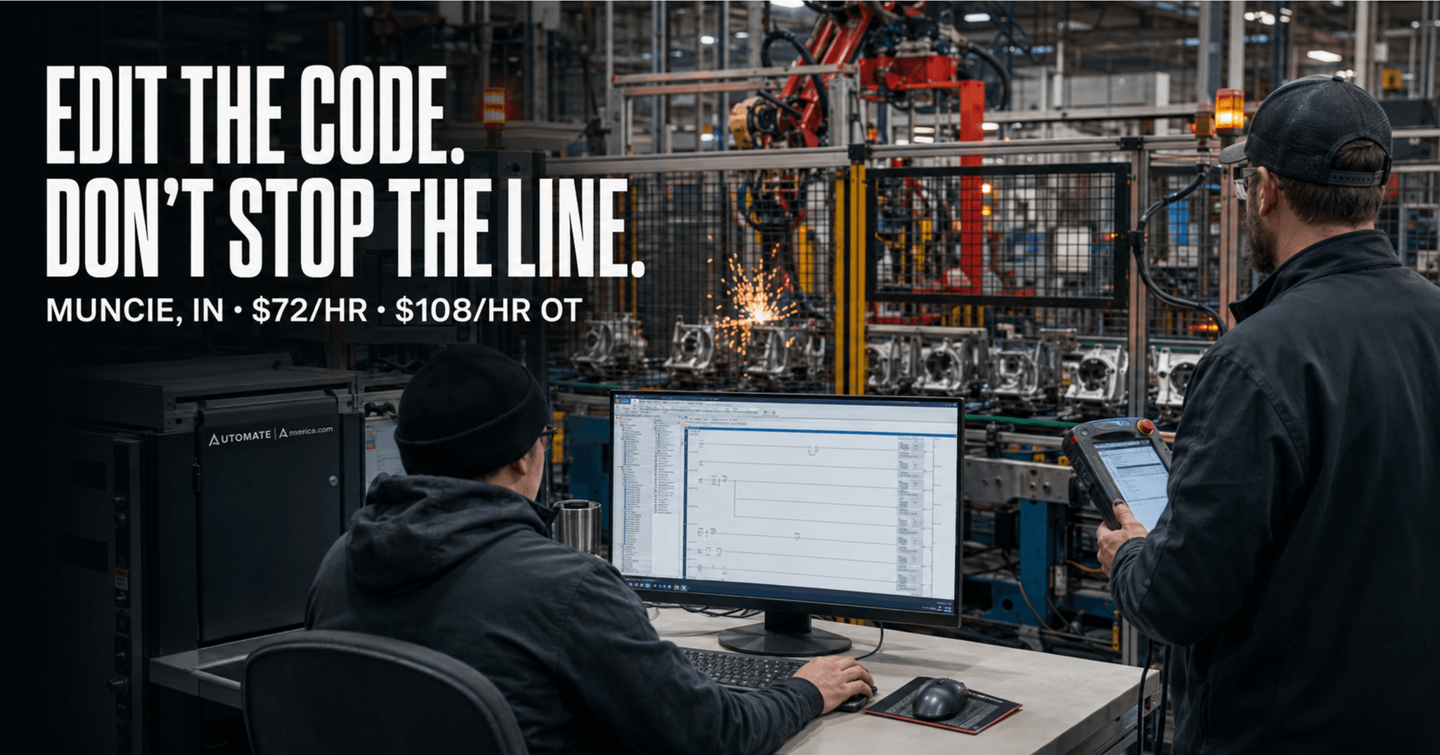 Allen-Bradley PLC programmer editing code on a running material-handling and welding line in Muncie, Indiana