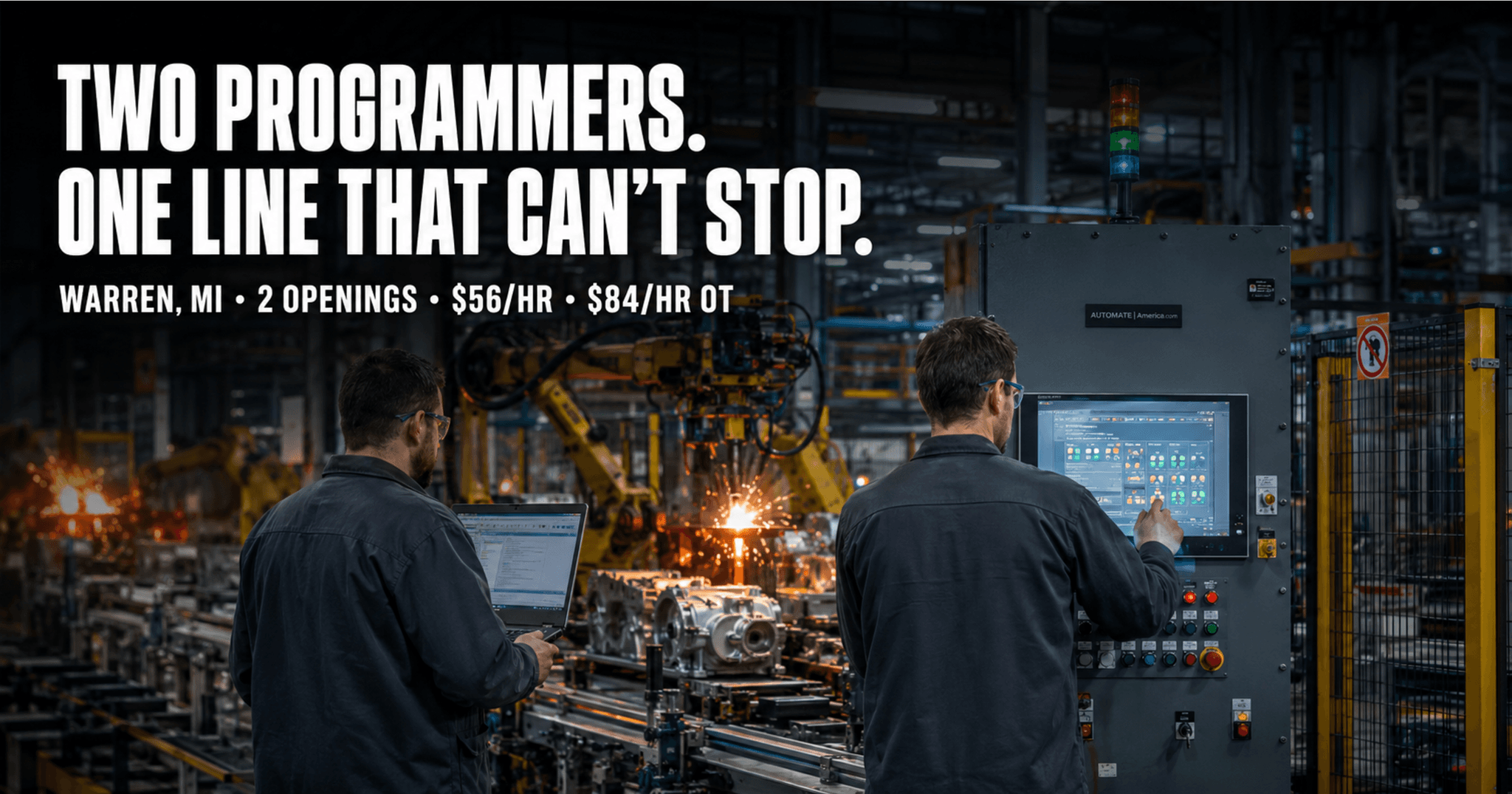 Two Allen-Bradley PLC programmers on an automated automotive assembly line in Warren, Michigan