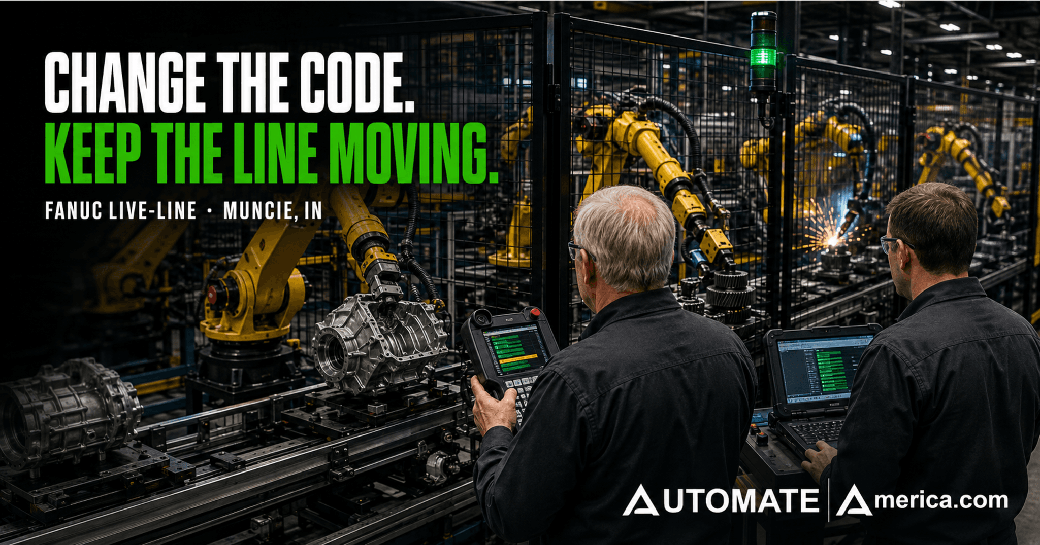 FANUC robot welding on a running automotive transmission line in Muncie, Indiana