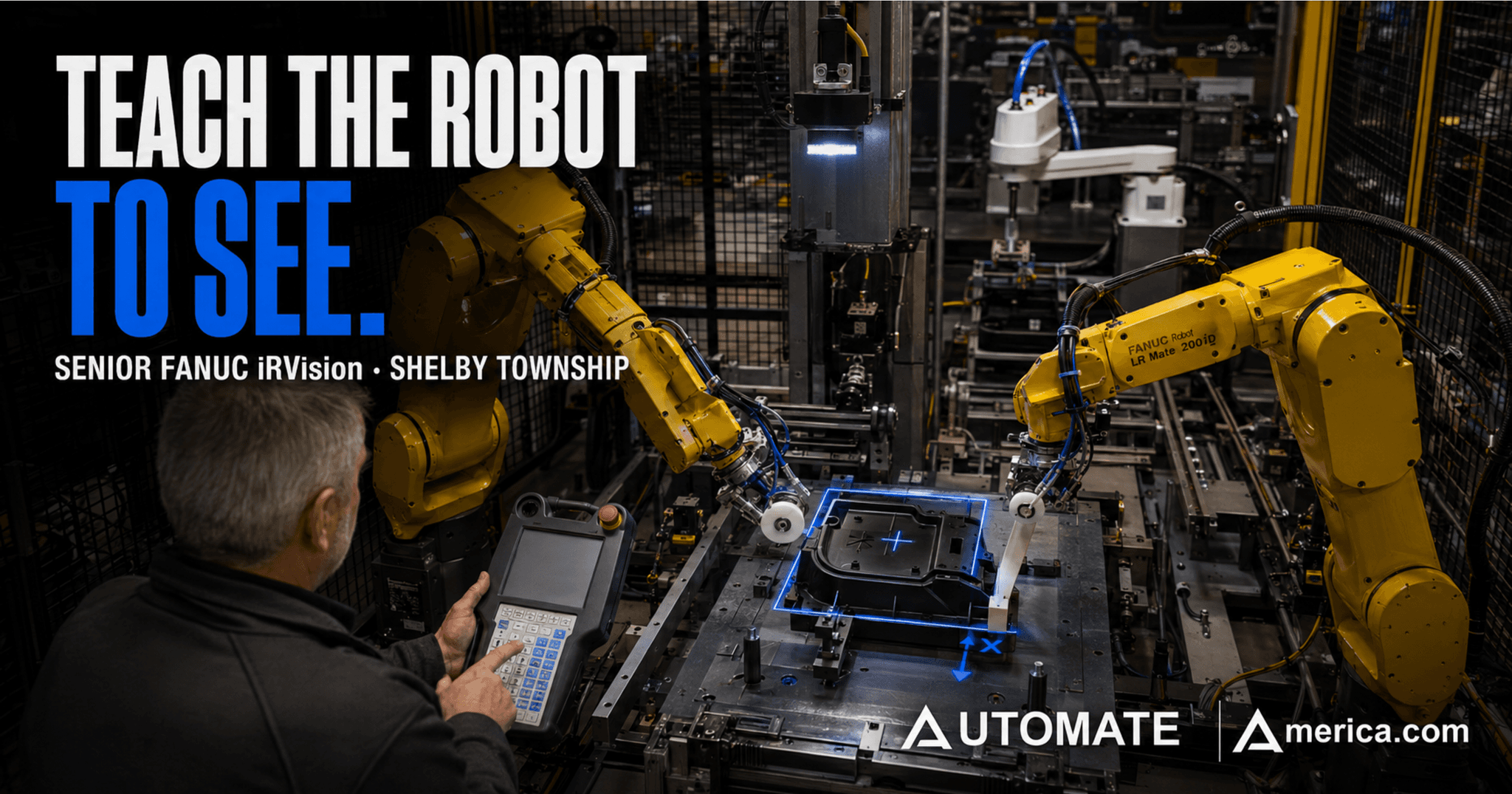 Senior FANUC robot programmer setting up a 2D iRVision pick-and-place cell in Shelby Township, Michigan