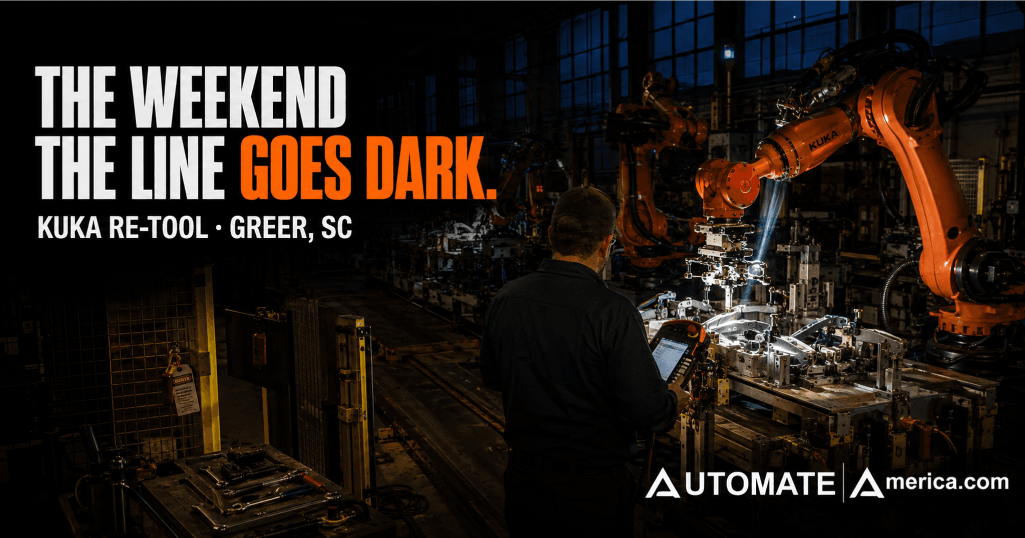 KUKA robot in an automotive body shop being re-verified after a tooling change in Greer, South Carolina