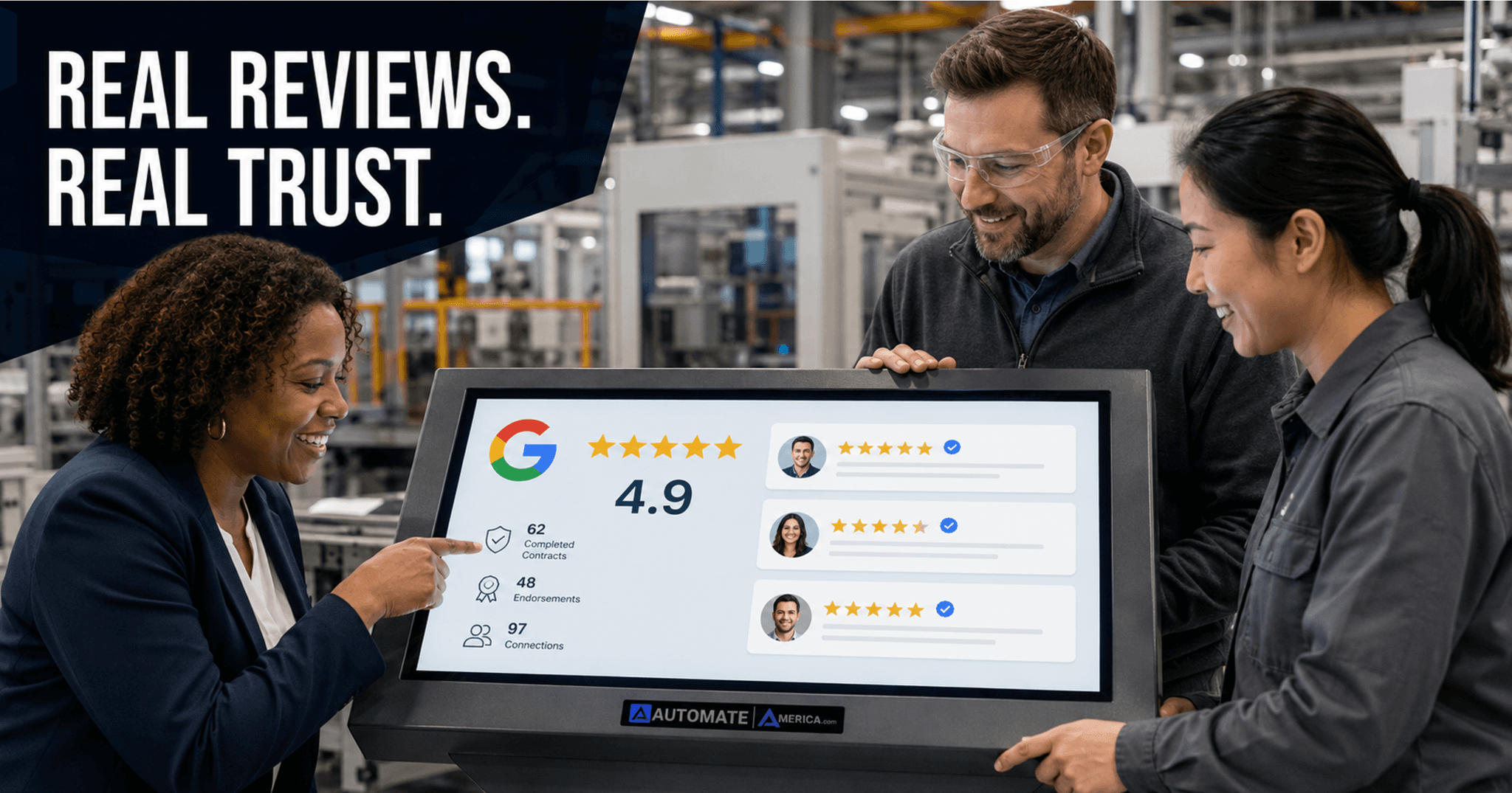 Google reviews and a star rating surfaced on an Automate America profile and feed as a trust signal