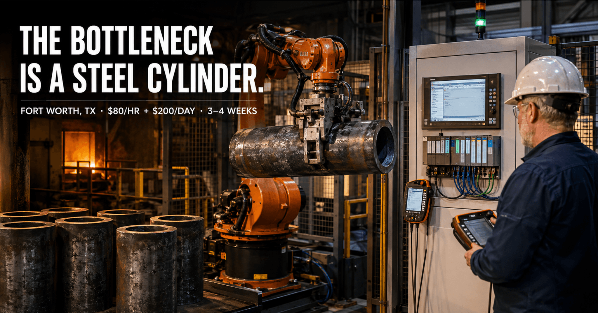 KUKA robot arm handling cylindrical forged steel parts at a defense manufacturing plant in Fort Worth, Texas