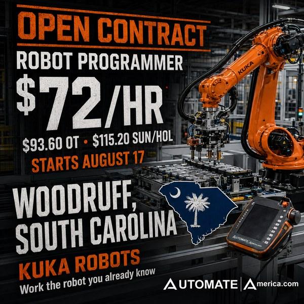 KUKA robot programmer contract in Woodruff South Carolina showing a 60 hour week with 20 overtime hours at
