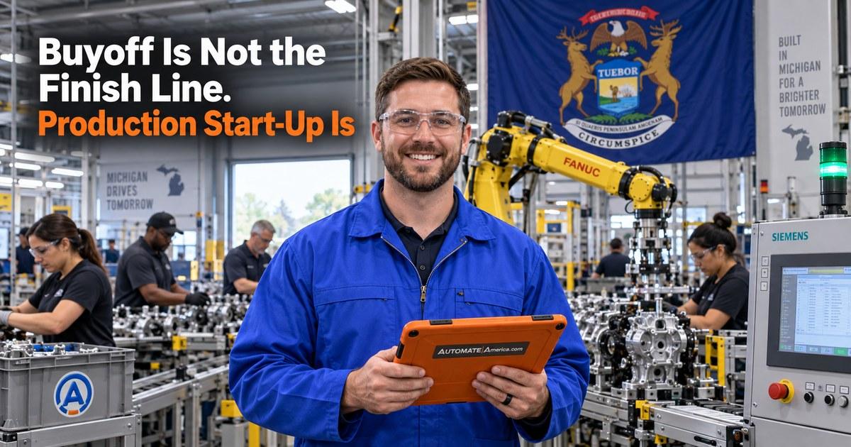 A controls engineer with a tablet in front of a running automated assembly line, a Siemens panel beside him and a FANUC robot behind