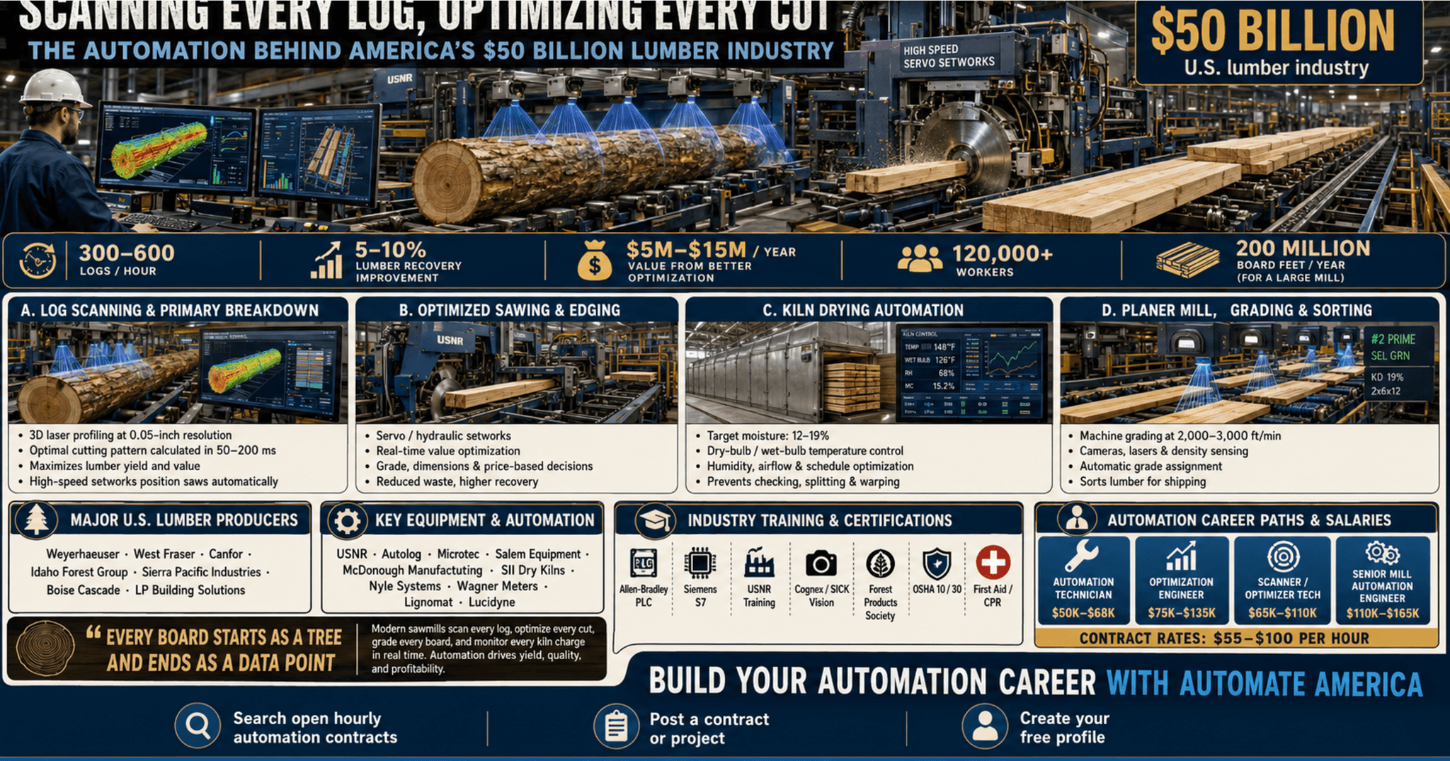 Automation, controls and robotics in lumber, sawmill, and wood products — skilled professionals at work