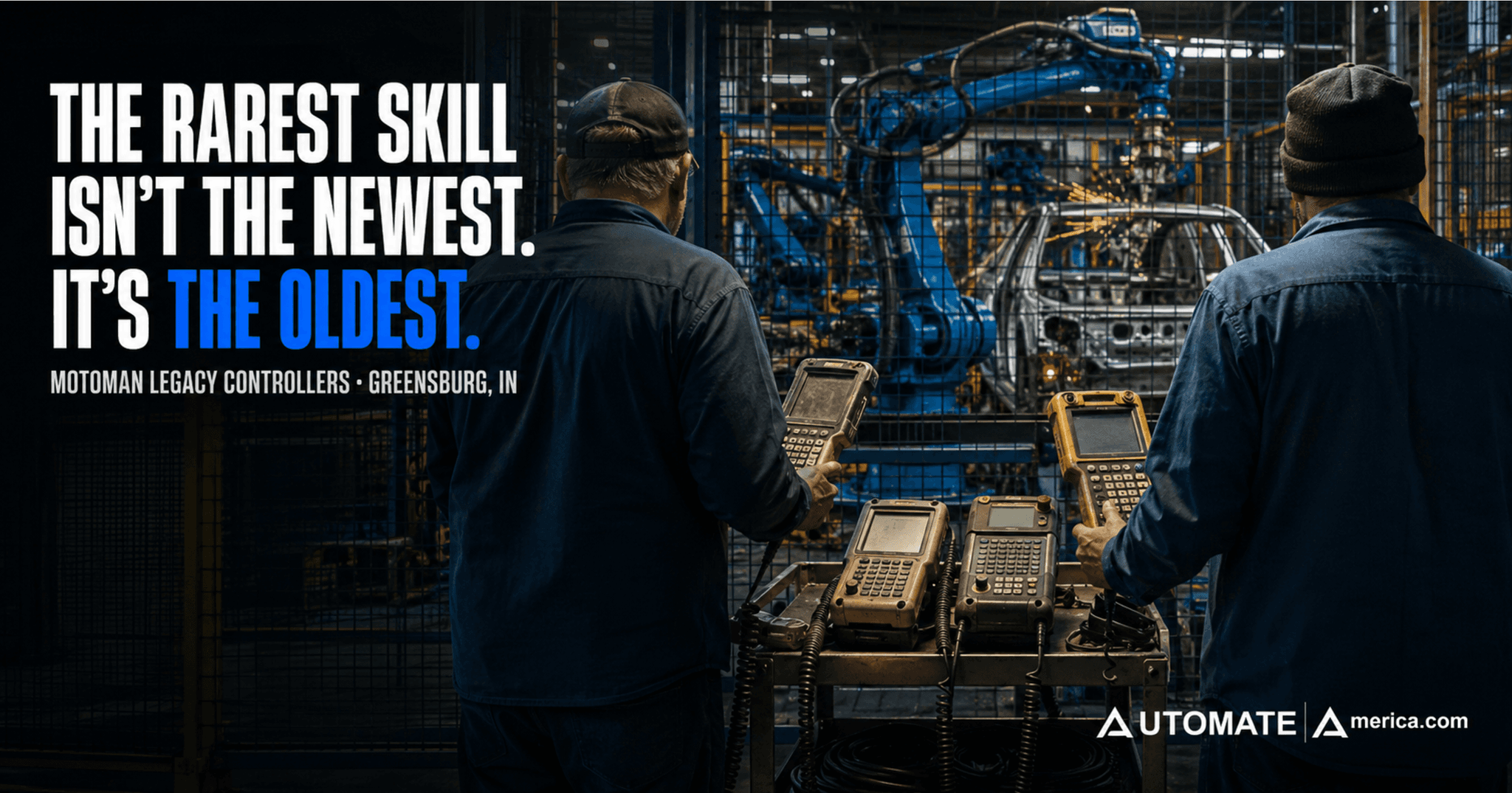 Motoman robot programmer with a teach pendant on an automotive final assembly line in Greensburg, Indiana