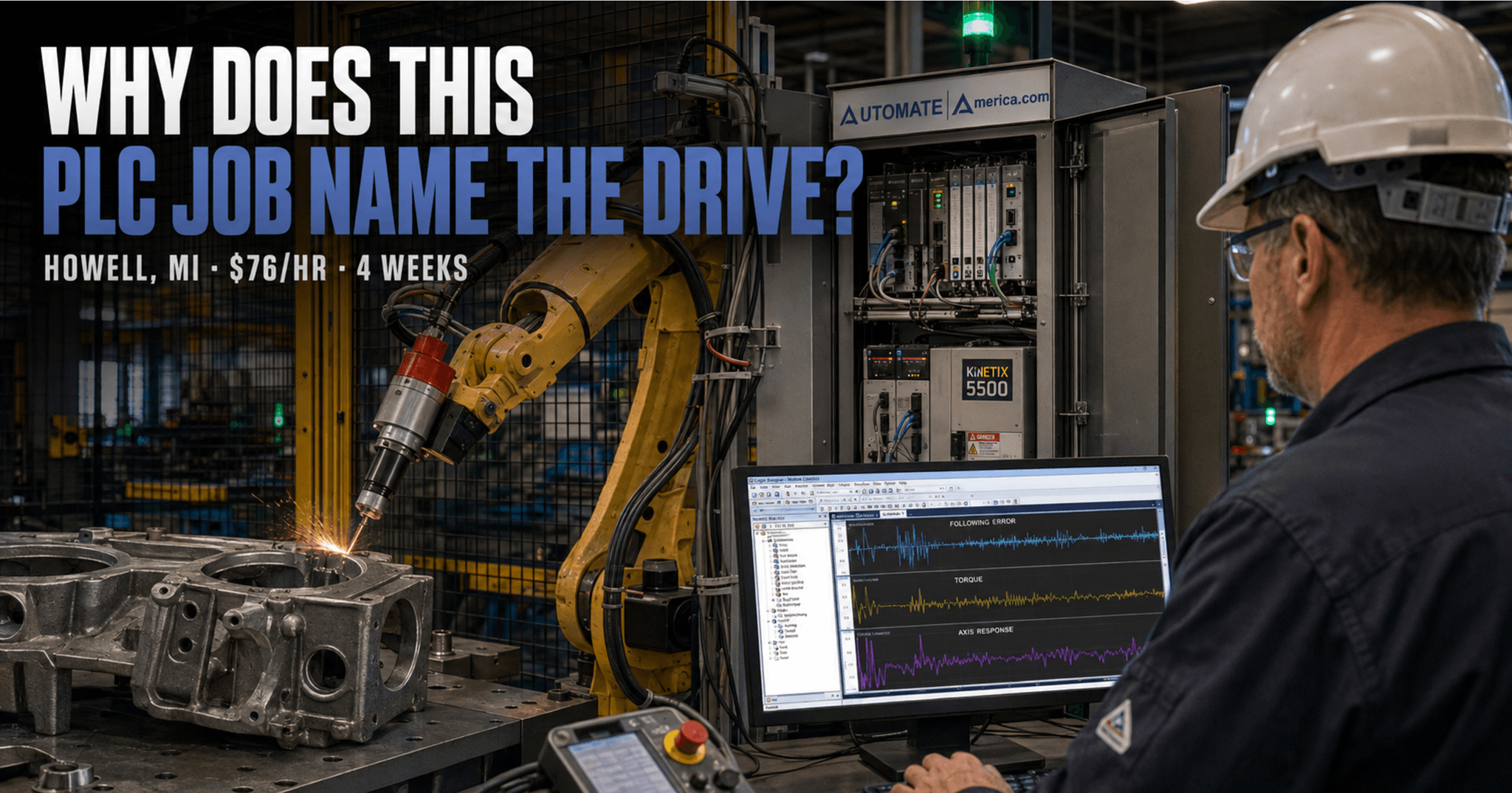 Five Allen-Bradley Kinetix 5500 servo drives on a DIN rail with the Michigan state outline, advertising an Automate America PLC programmer contract in Howell, Michigan at for a robotic deburring cell
