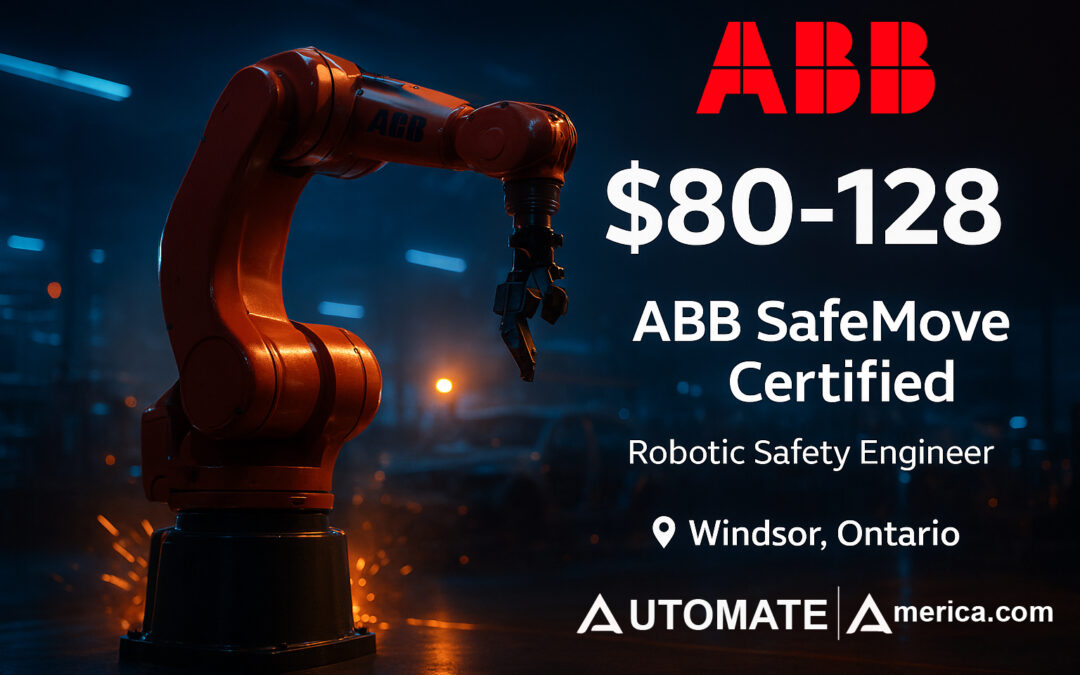 ABB SafeMove certified robotic engineer validating safety zones on IRC5 controller for automotive cylinder head assembly line earning premium rates
