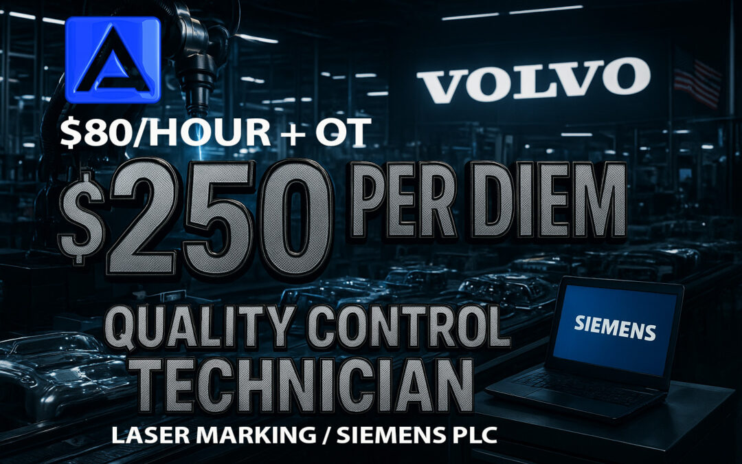 Siemens controls engineer programming laser marking system for Volvo automotive production line with laptop and HMI interface